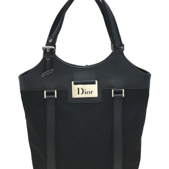 Auth. CHRISTIAN DIOR Paris Huge 15" W Black Trotter Canvas Leather Purses Totes - Picture 1 of 10